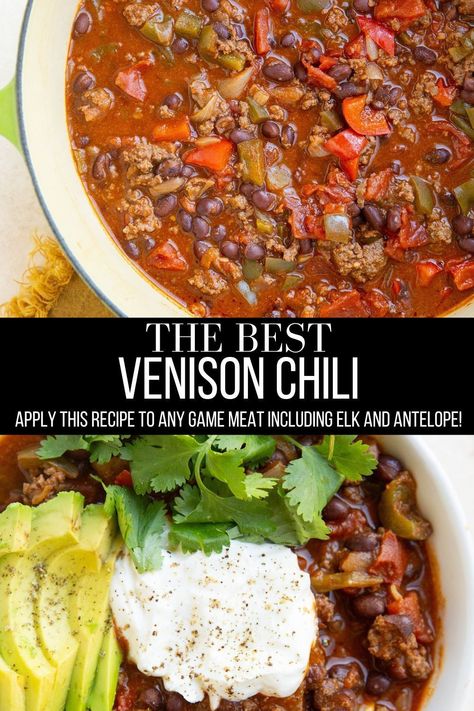 This delicious Venison Chili recipe is easy to customize and is the perfect way to use ground game meat. Combining all of the health benefits of game meat with all the iconic chili flavors results in a hearty meal that you’ll want to put on repeat. Moose Chili Recipes, Venison Chilli, Deer Chili Recipe, Venison Chili Recipe, Basic Chili, Venison Chili, Deer Recipes, Deer Meat Recipes, Chili Recipe Crockpot