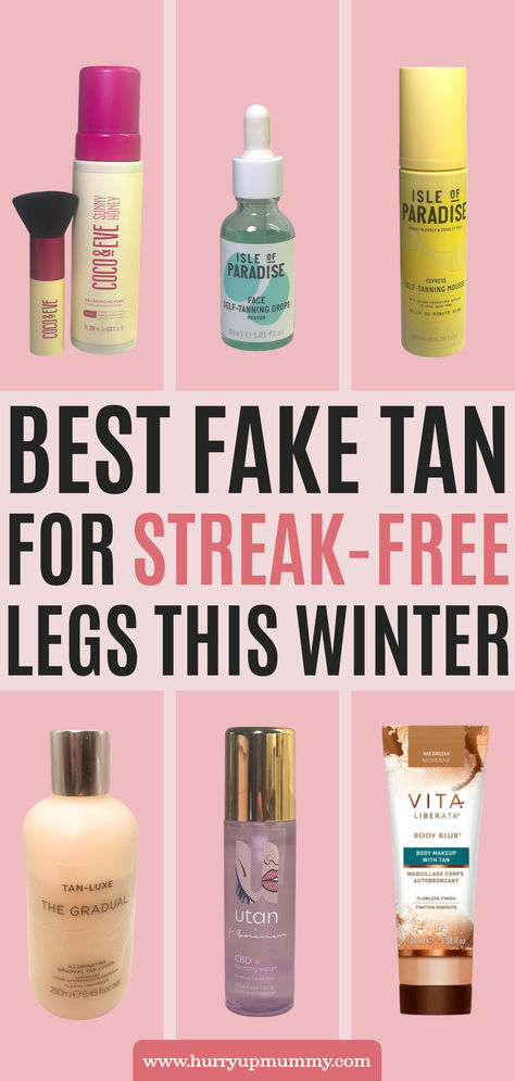 A selection of self-tanning products displayed on a pink background, showcasing the best streak-free fake tan options for achieving smooth, even legs during winter. Fake Tan Products, Best Fake Tan, Best Self Tan, Tan Products, Good Fake Tan, Best Self Tanner, Eve Best, Tanning Mousse, Self Tanner