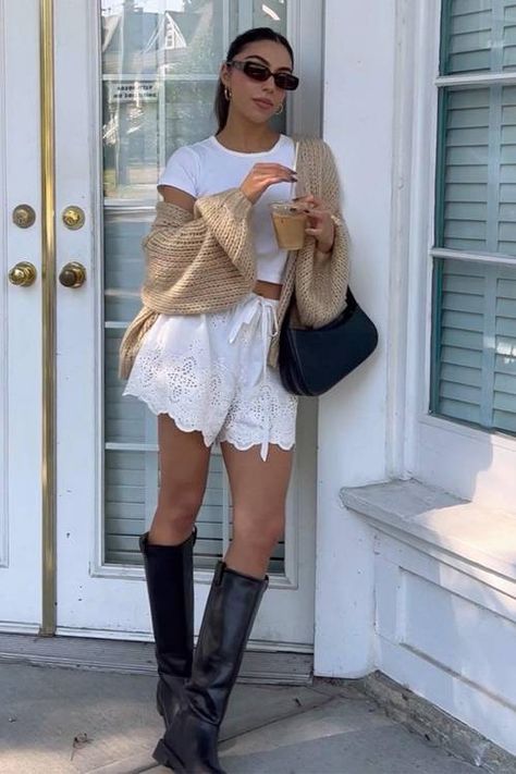 21 Riding-Boot Outfits to Re-Create This Fall | Who What Wear Long Boots Summer Outfit, Summer Outfits Walking, Riding Boots Outfit 2023, Rider Boots Outfit, Summer Outfits With Boots, Lace Shorts Outfit, Shorts With Boots, Boots In Summer, Riding Boots Outfit