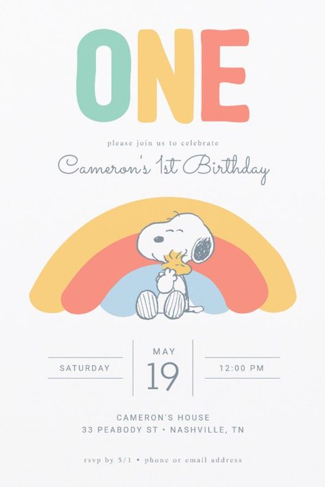 Snoopy & Woodstock Rainbow Birthday Invitation
Invite all your family and friends to your child's 1st Birthday with these super cute Peanuts invitations featuring Snoopy and Woodstock. Personalize by adding all your party details! Snoopy Birthday Invitations, First Birthday Rainbow, Peanuts Birthday Party, Snoopy Birthday Party, Peanuts Birthday, First Birthday Boy, Snoopy Party, First Birthday Girl, Snoopy Birthday