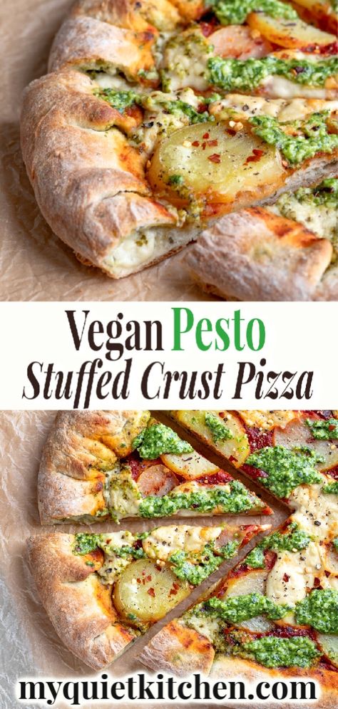 Vegan Pesto Stuffed Crust Pizza Stuffed Crust Pizza, Pizza Vegana, Vegan Pizza Recipe, Stuffed Crust, Pesto Cheese, Pizza Snacks, Pesto Pizza, Vegan Pesto, Crust Pizza