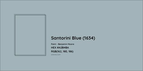 Benjamin Moore Santorini Blue (1634) Paint color codes, similar paints and colors Bm Santorini Blue, Santorini Blue Benjamin Moore, Benjamin Moore Santorini Blue, Benjamin Moore Bathroom, Boys Room Colors, Munsell Color System, Coastal Paint Colors, Analogous Color Scheme, Paint Color Codes