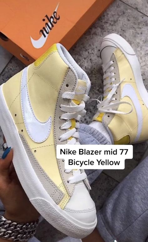 Nike High Top Shoes, Nike High Top, Shoes Inspiration, Nike Yellow, Yellow Nikes, Nike Blazer Mid 77, Nike Blazer Mid, High Shoes, Casual Work Outfit