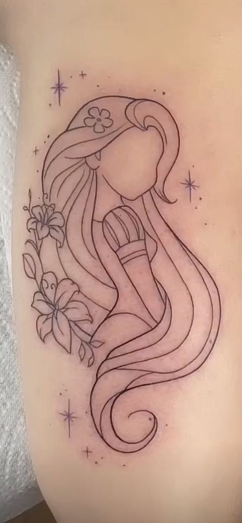 Tangled Flower Back Tattoo, Pascal Tattoo Disney, Tattoo Ideas Rapunzel, Rapunzel Tattoo Ideas Small, Rapunzel Inspired Tattoos, Disney Tattoos Tangled, Inside Out Tattoo Disney, Tangled Rapunzel Tattoo, Disney Floral Tattoo