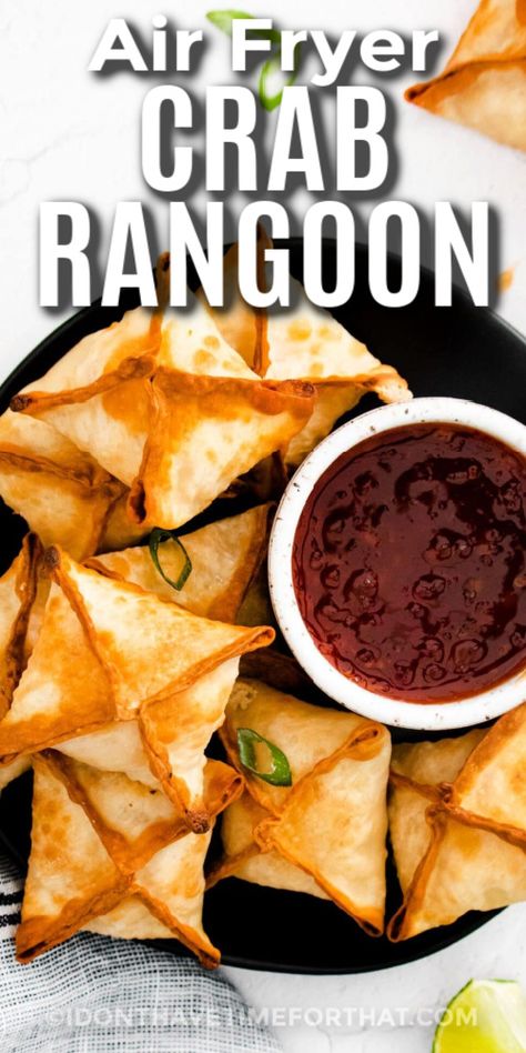 Air Fryer Crab Rangoon on a plate with dipping sauce with text Cannoli Rangoons, Wonton Wrapper Recipes Air Fryer, Air Fryer Crab Rangoon, Crab Rangoon Filling, Homemade Crab Rangoon, Air Fryer Crab, Wonton Wrapper Recipes, Sweet Chili Dipping Sauce, Crab Rangoon Recipe