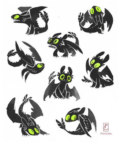 PichiiCake — Night Fury doodles Toothless Reference, How To Draw Toothless, Toothless Sketch, Toothless Httyd, Toothless Drawing, 심플한 그림, Httyd Art, Toothless Dragon, Httyd Dragons