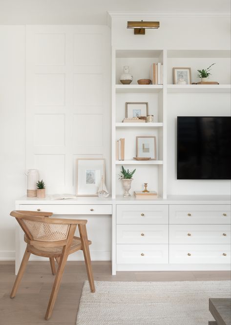 Desk And Tv Built In, Built In With Desk And Tv, Built In Office In Bedroom, Desk In A Bedroom Ideas, Built In With Desk Living Room, Bedroom Tv Wall With Desk, Built In Shelving With Desk, Fireplace Desk Built In, Built In Dresser With Desk