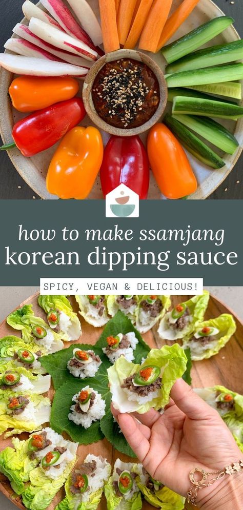 If you're looking for a spicy, vegan dipping sauce - this Ssamjang recipe is perfect for you! This Korean dipping sauce is so easy to make and should take you just a few minutes to prepare if you have your ingredients ready. Pair it with fresh veggies, lettuce wraps and homemade K-BBQ dishes. Korean Dipping Sauce Recipe, Ssamjang Recipe, Vegan Dipping Sauce, Korean Dipping Sauce, Korean Lettuce Wraps, Lettuce Wrap Sauce, Healthy Korean Recipes, Asian Dipping Sauce, Recipe Korean