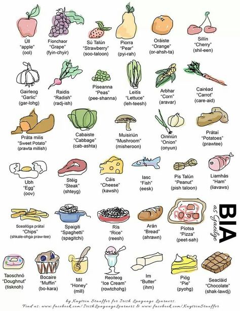 Gaelic food chart Irish Gaelic Language, Gaelic Words, Irish Words, Irish Eyes Are Smiling, Irish Language, Irish Gaelic, Scottish Gaelic, Irish Roots, Irish Eyes