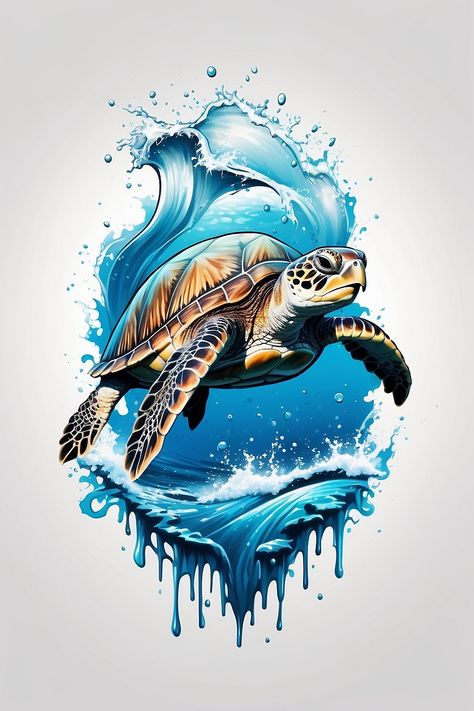 Turtle Digital Art, Ocean Sleeve Tattoos, Sea Turtle Pictures, Colorful Animal Paintings, Turtle Watercolor, Velvet Painting, Bear Tattoos, Tiki Art, Photo Video Editing