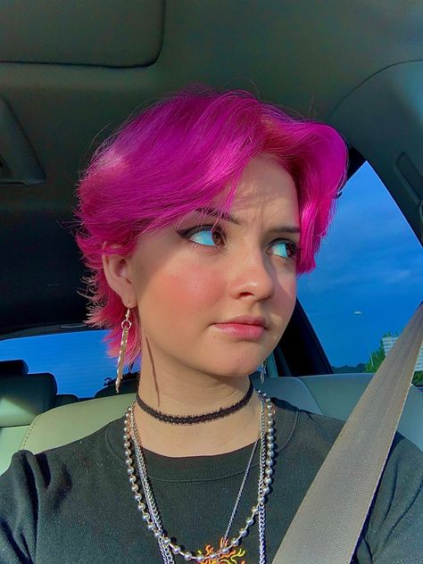 pink shag mullet short hair nonbinary hot pink emo grunge alt hair Dyed Pixie Haircut, Dyed Short Hair Pixie, Short Hair Dye Ideas Pixie Cuts, Short Lesbian Hair Haircut, Pink Pixie Haircut, Nonbinary Mullet, Gender Fluid Hair, Dyed Pixie Cut, Nonbinary Haircuts