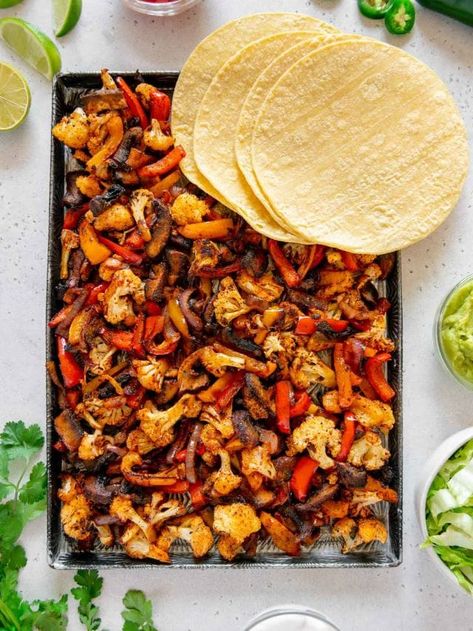 Vegan Sheet Pan Cauliflower Fajitas - Best Served Vegan Cauliflower Fajitas, Tuesday Routine, Sheet Pan Cauliflower, Vegan Fajita, Fajita Bowl Recipe, Vegan Sheet Pan, Vegan Fajitas, Fajita Bowl, Veggie Fajitas