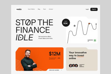 Vestox is a resource for competent financial management. It helps your assets work and multiply. The task was to create a website that would not just hint "stop the finance IDLE" but speak loudly about it. To attract attention, the visual style must include bright colors, emphasized by low contrast, and animated elements. The color palette consists of orange, black, and pearl colors. All blocks of the webflow site are animated. The plates change their shape when hovering. Vertic