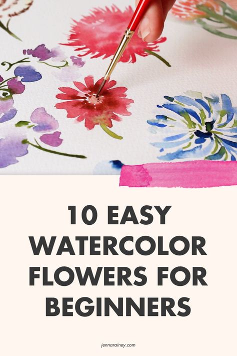 Easy Watercolor Flowers Tutorials, How To Paint Flowers With Watercolors, Basic Watercolor Painting For Beginners Flowers, How To Paint Flowers Watercolor Easy, Jenna Rainey Watercolor Tutorials, Diy Watercolor Flowers, Watercolor Daisy Tutorial, Beginner Watercolor Flowers, How To Paint Flowers Watercolor