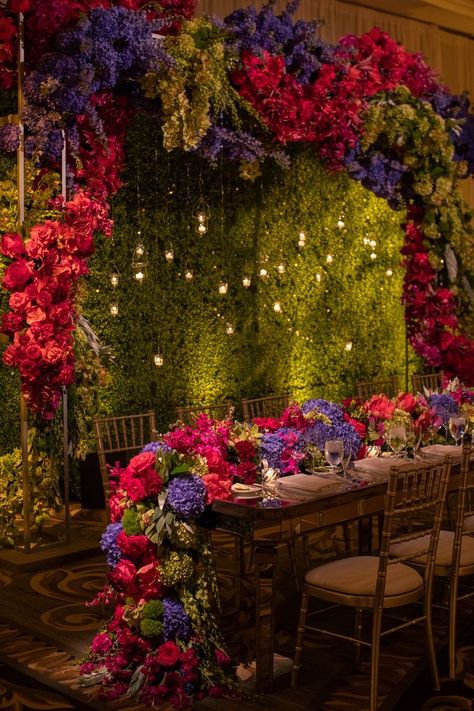 Inside Wedding Reception, Bridal Party Table, Enchanted Forest Theme, Wedding Reception Design, Jewel Tone Wedding, Floral Runner, Wedding Inside, Reception Design, Forest Theme