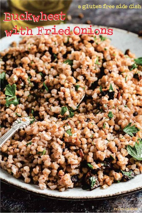 If you like savory flavors, you’ll love this buckwheat with onions recipe—it’s a perfect side dish that pairs well with any meat or poultry entrée. It also makes an excellent vegetarian meal on its own, and it’s very easy to make! Gluten Free and Kaufmann Phase One Diet. Buckwheat Side Dish, Savory Buckwheat Recipes, Buckwheat Side Dish Recipes, Baked Buckwheat, Buckwheat Kasha Recipes, Puffed Buckwheat Recipes, Buckwheat Pilaf, How To Cook Buckwheat, Fried Onions Recipe