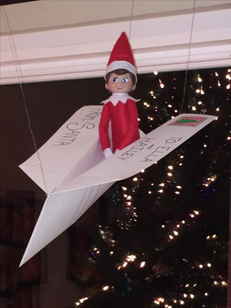 Elf on the shelf day 15!! Jingle Bell arriving via paper airplane (North Pole Express Mail) direct from Santa!! Elf Paper Airplane, Elf On The Shelf Arriving Ideas, Elf On The Shelf Paper Airplane, Arriving Elf On The Shelf Ideas, Elf Arriving Idea, Elf Airplane, Elf Parachute, Elf On The Shelf Airplane, Thanksgiving Napkin Folds