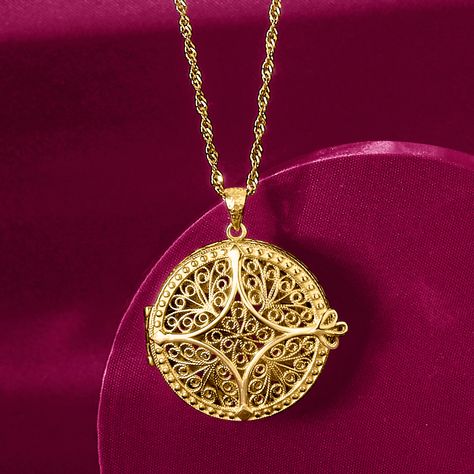 Ross-Simons - 18kt Gold Over Sterling Filigree Locket Necklace. Keep a treasured memory close to your heart with our elegant locket necklace. Intricate and lacy filigree decorates the round pendant in textured and polished 18kt yellow gold over sterling silver. Opens to reveal a 3/4" photo of your choice. Singapore chain adjusts from 24" to choker length. Lobster clasp, filigree locket necklace. Golden Locket, Locket Design, Love Jewelry, Locket Necklace, Round Pendant, Locket, Lobster Clasp, Singapore, Choker