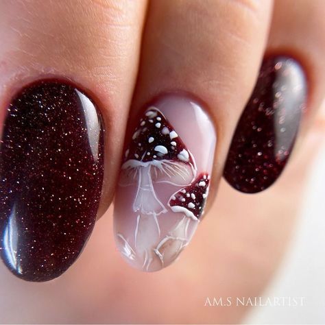 Warning: These nail art ideas may cause extreme jealousy and an overwhelming desire to promptly schedule your next appointment at the salon! So, if you’re not prepared to have the most enviable nails in town, it may be best to turn back now.  . Brown Mushroom Nails, Witchy Christmas Nails, Mythical Nails, Alchemy Nails, Fall Nails Mushroom, Red Manicure Ideas, Unique Bridal Nails, Winter Inspired Nails, Red Mushroom Nail Art