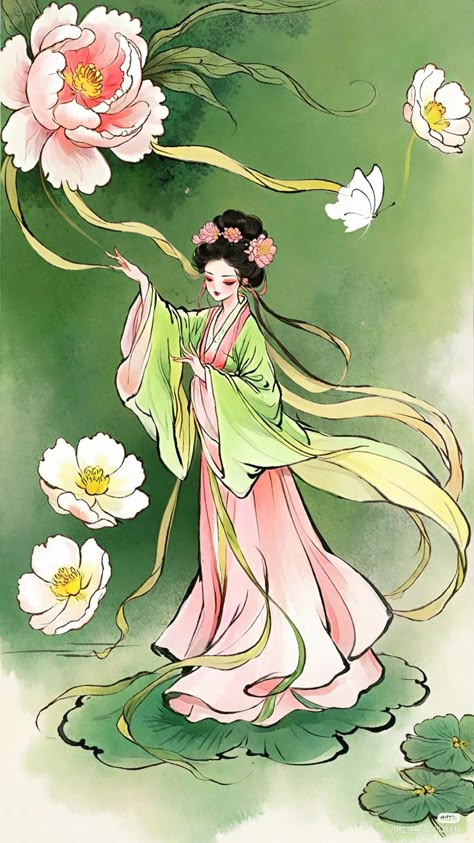 Asian Mythology Art, Japanese Princess Art, Chinese Fairy, Chinese Goddess, Geisha With Fan Drawing, Dance Illustration, Traditional Chinese Women Art, Hanfu Art, Chinese Drawings