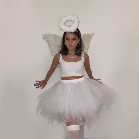 Homemade Angel Costume, Preppy Angel Costume, Angel Costumes Women, Tutu Halloween Costumes For Women, White Tutu Costume Halloween, Angle Costume Halloween, White Angel Outfit Halloween, Black Angel Costume Halloween, Easy Angel Costume