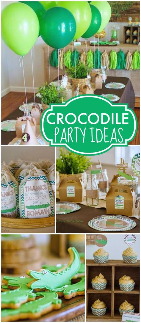 What a cool crocodile birthday party in green and brown! See more party ideas at CatchMyParty.com! Crocodile Theme Party, Crocodile Hunter Birthday Party, Alligator Birthday Party Ideas, Lyle Lyle Crocodile Birthday Party, Crocodile Themed Birthday Party, Alligator Party Ideas, Crocodile Party Ideas, Alligator Themed Birthday Party, Crocodile Birthday Party