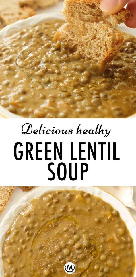 This green lentils soup has amazing flavor and texture, perfect to please the entire family. It's vegan, healthy, and absolutely delicious. #veganrecipes #lentilrecipes #lentilsouprecipes #lentilsoups #greenlentilrecipes #souprecipes #healthydinnerrecipes #cheapdinnersforafamily Green Lentil Recipes, Creamy Lentil Soup, Green Lentil Soup, Lentils Soup, Green Lentil, Soup Vegan, Lentil Soup Recipes, Vegan Soup Recipes, Green Lentils