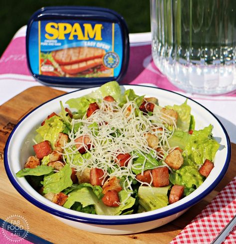 SPAM Salad with Garlic Croutons and Gruyère Spam Salad, Garlic Croutons, Spam Recipes, Lunch Bowl, Lettuce Salad, Romaine Lettuce, Croutons, Fabulous Foods, Inspired Recipes