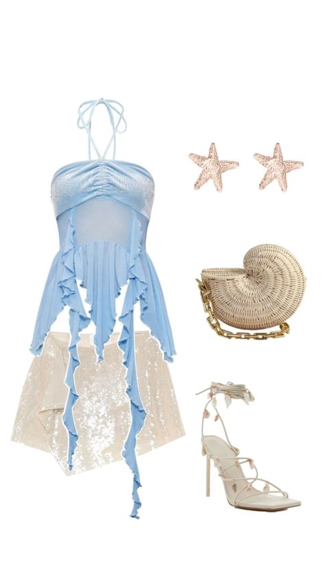 Mermaid | sparkle | seashell | starfish | pearls | purse | heels | ocean | Mermaid Heels, Dress And Accessories, Sea Dress, Mermaid Halloween, Art Outfit, Mermaid Outfit, Halloween Costume Outfits, Cruise Outfits, Fantasias Halloween