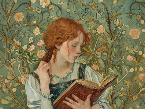 PromptDervish Pastiches: Arts and Crafts Movement Reimagined with AI | by PromptDervish | Bootcamp Art And Craft Movements, Fairytale Art Aesthetic, Vintage Fantasy Aesthetic, Art And Crafts Movement, Women Art Painting, Story Book Art, Chihiro Y Haku, Paintings Of Women, Fairytale Illustration