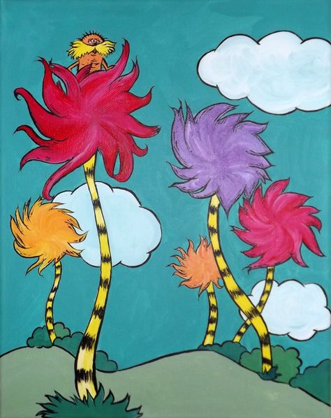 The Lorax, by Dr. Seuss.  Acrylic painting on 11x14 canvas by Jessie Fernandes Lorax Painting, Dr Seuss Drawings, Lorax Trees, Dr Seuss Lorax, Dr Seuss Art, Seuss Crafts, Trees Painting, Christmas Paintings On Canvas, Painting Canvases