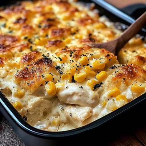 Creamy Chicken and Corn Casserole 🍗🌽 (recipe below) In the cozy embrace of comfort food, Creamy Chicken and Corn Casserole Chicken Corn Casserole Recipes, Chicken And Corn Casserole, Chicken Corn Casserole, Sweet Corn Casserole, Beef Tips And Noodles, Daycare Meals, Cream Corn Casserole, Chicken And Corn, Mexican Casserole Recipe