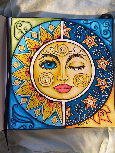 Vintage Moon Drawing, Sun And Moon Artwork, Sun And Moon Illustration Art, Cute Sun And Moon Drawing, The Sun The Moon And The Stars, Sun And Moon Mandala Drawing, Sun And Moon Painting Canvases Easy, Sun And Moon Mural, Sun And Moon Painting Easy