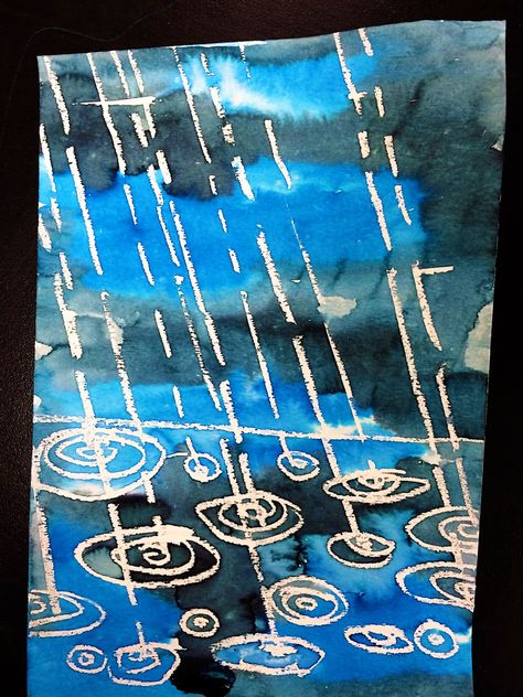 smART Class: Winter Rain Watercolor Resist Kindergarten Plan, Rain Watercolor, Rain Crafts, Resist Art, Watercolor Resist, Weather Art, Kindergarten Art Projects, Rain Painting, Rain Art