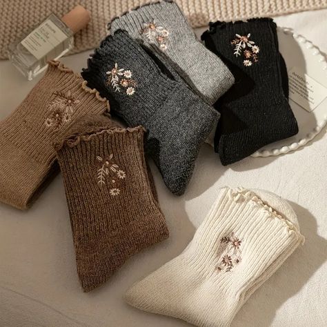 Floral Embroidery Socks Comfy Warm Lettuce Trim Socks - Temu Embroidered Socks, Comfy Socks, Women Crew Socks, Wool Socks, Grey Khakis, Floral Embroidery, Crew Socks, Hosiery, Dark Grey