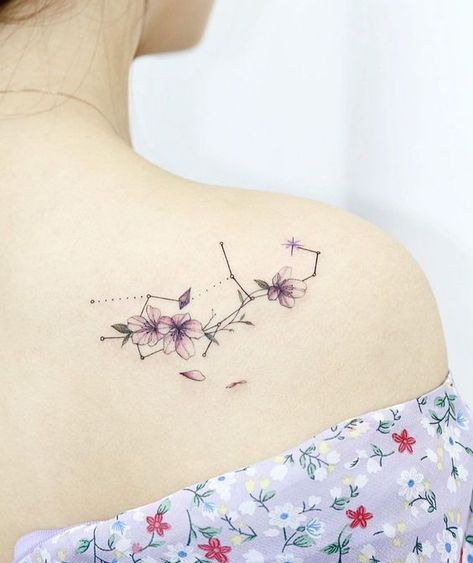 Floral Virgo constellation tattoo on the shoulder Hamster Tattoo, Minimalist Symbols, Virgo Tattoo Designs, Virgo Constellation Tattoo, Sagittarius Tattoo, Virgo Constellation, Virgo Tattoo, Zodiac Tattoos, Constellation Tattoos