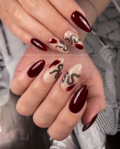 Nails With Snake, Snake Nails, Year Of The Snake, Burgundy Nails, Snake Design, New Year's Nails, Nails Inspo, Nails Ideas, Red Nails