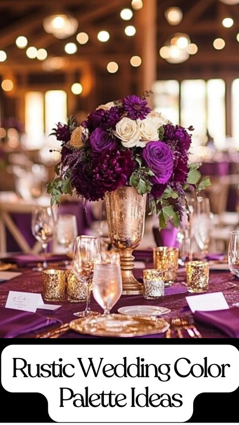 A rustic wedding setup featuring plum, gold, and ivory accents with natural wood and floral details. Navy Eggplant Gold Wedding, Burgundy And Purple Wedding Table Settings, Plum Theme Wedding, Rustic Purple Wedding Decorations, Purple Wedding Color Schemes, Rustic Wedding Color Palette, Purple And Gold Wedding Theme, Plum Wedding Ideas, Purple And Gold Color Palette