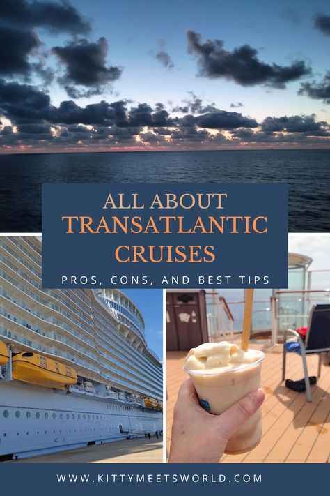 Top: Sunset over Atlantic Ocean, bottom left: Cruise Ship, bottom Right: hand holding frozen cocktail on sun deck Transatlantic Cruise, Cruise Activities, Royal Caribbean Ships, Cruise Essentials, Cruise Tips, Shore Excursions, Royal Caribbean, Cruise Ship, How To Find Out