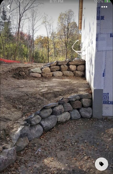 Sloped Wall, Boulder Retaining Wall, Lake Landscaping, Backyard Aesthetic, Sloped Backyard Landscaping, Backyard Ideas On A Budget, Sloped Yard, Backyard Patio Ideas, Sloped Backyard