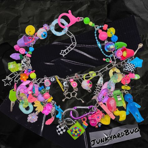 Wearable art! one of a kind clutter rainbow statement jewelry Clowncore Jewelry, Decora Necklace, Decora Jewelry, Clutter Jewelry, Maximalist Accessories, Clutter Necklace, Decora Fashion, Dope Jewelry Accessories, Rave Accessories