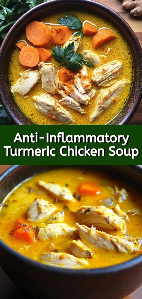 Anti-Inflammatory Turmeric Chicken Soup Turmeric Dinner Recipes, Soup To Make You Feel Better, Tumeric Food Recipes, Turmeric Food Recipes, Soup Recipes For Gut Health, Low Inflammation Recipes Easy, Anti Inflamitory Meals, Immune Health Recipes, Food Recipes When Sick