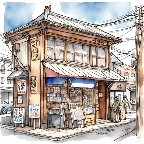 Alley Drawing, Urban Places, Japanese Buildings, Perspective Sketch, Jelly Cake, Cafe Art, Garden Architecture, Sanya, Urban Sketching