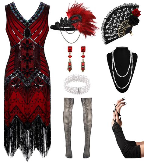 PRICES MAY VARY. Dress 20s Women's Set Packaging: 1 x sequin dress, 1 x lace fan, 1 x feather headband, 1 x long satin glove, 1 x pearl chain, 1 earring, 1 pearl bracelet, 1 x fishnet socks. The beautiful and exquisite decorations also contain popular elements of the time, such as tassels and beads, making these dresses of high quality and essential clothing for the roaring 1920s. Retro accessories of the 1920s women: Eye-catching lace folding fan add the finishing touch to your party decoration Mafia Costume, 20s Accessories, Party Dress Club, Jewelry Pearl Necklace, Roaring 1920s, Set Packaging, 1920s Women, 20s Dresses, Essential Clothing