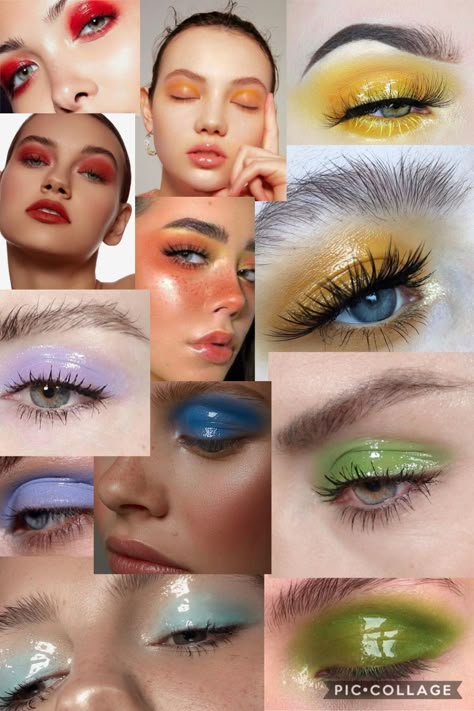 rainbow makeup glossy lid eye mood board collage Glossy Lids Eye Makeup, Glossy Eye Makeup Look, Mood Boards Makeup, Modern Archetype Makeup, Portfolio Makeup Looks, Makeup Mood Board Inspiration, Makeup Collage Aesthetic, Glossy Lid Eye Makeup, Eurovision Makeup