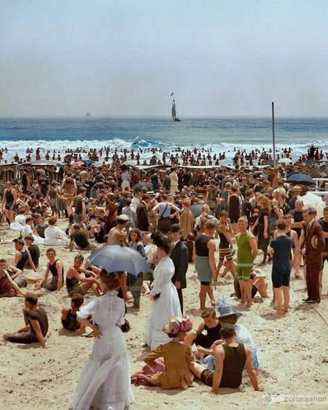 A Crowded Beach In Atlantic City Photographed In 1908 Crowded Beach, Atlantic City New Jersey, Saul Leiter, African American Family, Colorized Photos, Atlantic City, Historical Events, City Beach, Rare Photos