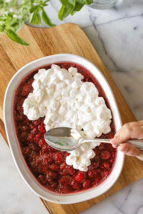 This Raspberry Jello Salad could not be easier to make, and it looks so beautifully bright and festive on a holiday table. Easter Jello, Raspberry Jello Salad, Fluff Salads, Jelly Salad, Raspberry Jello, Pomegranate Jelly, Raspberry Salad, Jello Salads, Cream Cheese Ball