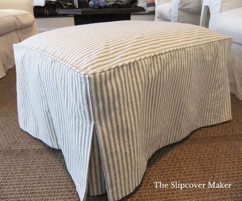 10 Simple Ottoman Slipcover Ideas for DIY Decorators | The Slipcover Maker Stripe Ottoman, Diy Ottoman, Slip Covers, Ottoman Slipcover, Upholstery Diy, Ottoman Design, Ottoman Cover, Dust Ruffle, Cube Ottoman