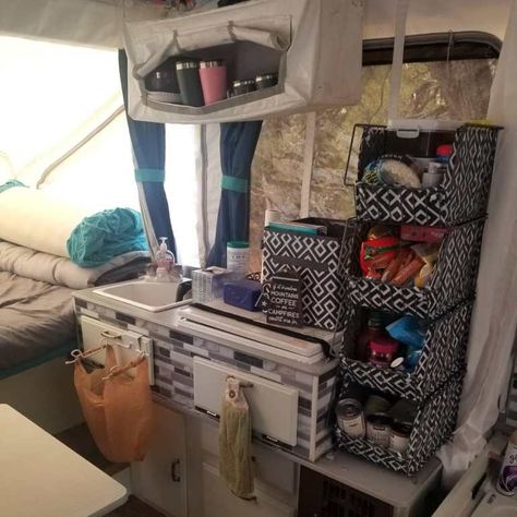 Pop Up Trailer Storage Ideas, Tent Trailer Storage Ideas, Tent Trailer Organization, Camper Clothes Storage, Tent Trailer Remodel Diy, Tent Trailer Hacks, Pop Up Camper Storage Ideas, Pop Up Camper Organization, Pop Up Camper Storage