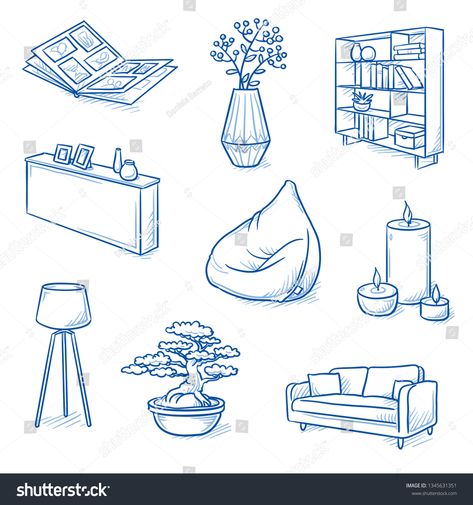 Set of furniture shop and decoration objects as lamp, sideboard, sofa, bean bag, bonsai, photo album and book  #Ad , #affiliate, #bean#sofa#sideboard#photo Bean Bag Drawing Reference, Axonometric Furniture Drawing, Furniture Drawing Reference, Drawing Furniture Interior Design, How To Draw Furniture, Bean Bag Illustration, Bean Bag Drawing, Shelf Sketch, Clutter Drawing